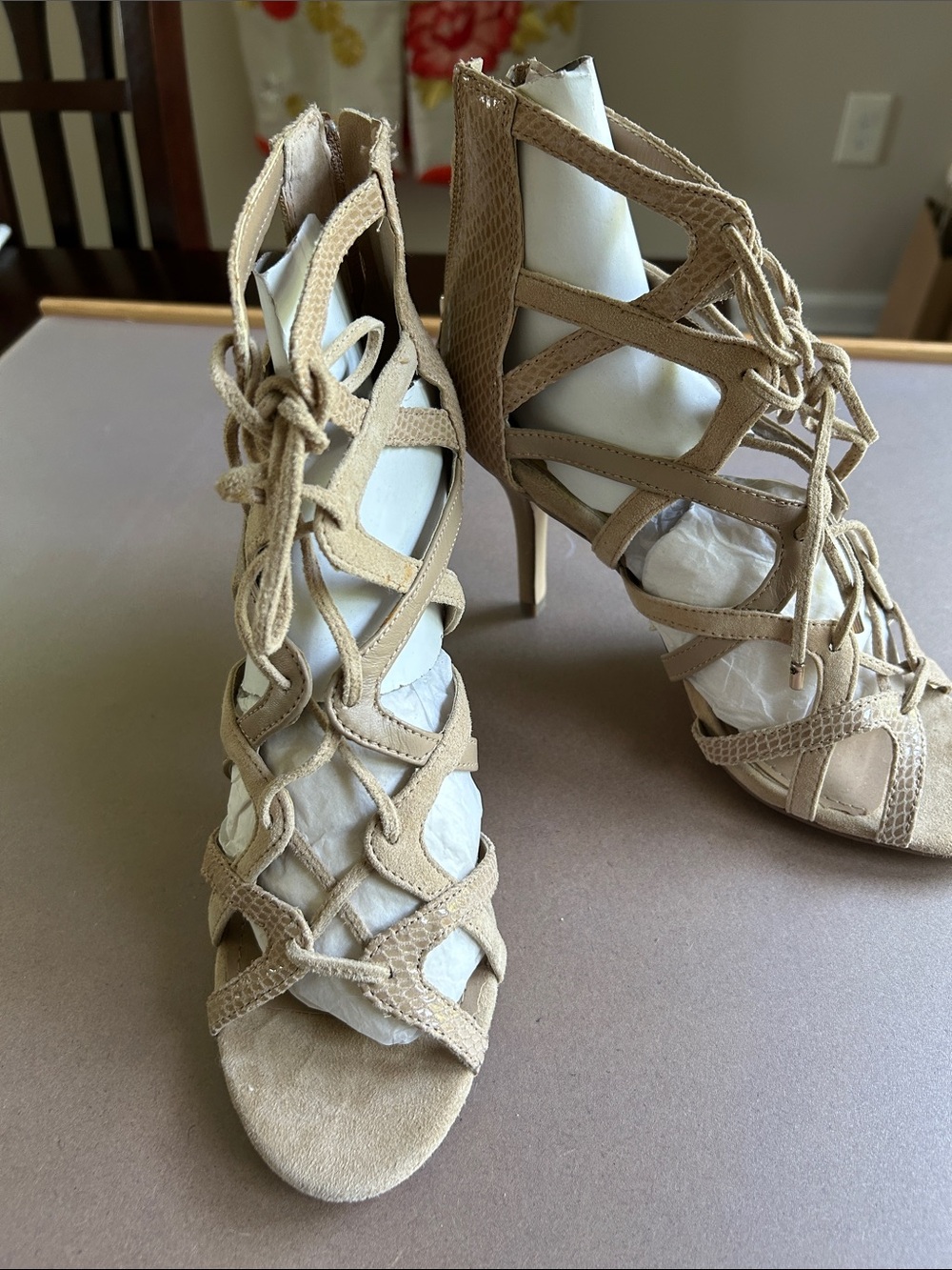 White House Black Market Lace-Up Strappy High Heels in Tan
